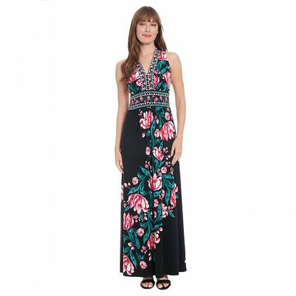 Women's London Times Floral Print Sleeveless V-Neck Flowy Maxi Dress