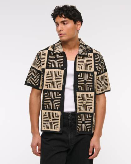 Crochet-Style Geometric Button-Through Sweater Polo