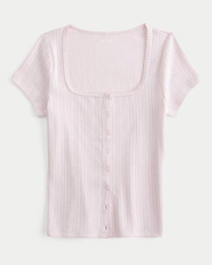Short-Sleeve Button Front Pointelle Top