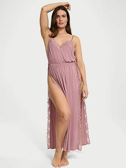 SoSoft™ Modal Ribbed Lace-Trim Long Slip Dress