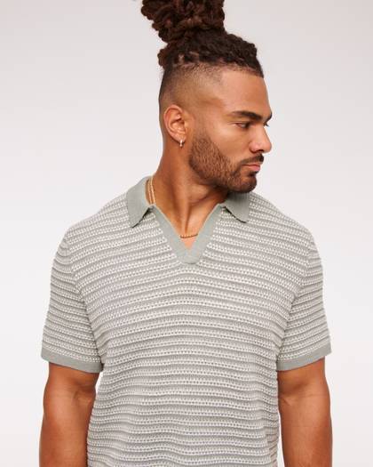 Textural Striped Johnny Collar Sweater Polo