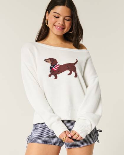 Slouchy Off-the-Shoulder Dachshund Graphic Sweater