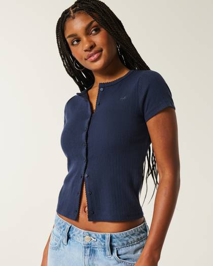 Short-Sleeve Pointelle Button Front Top