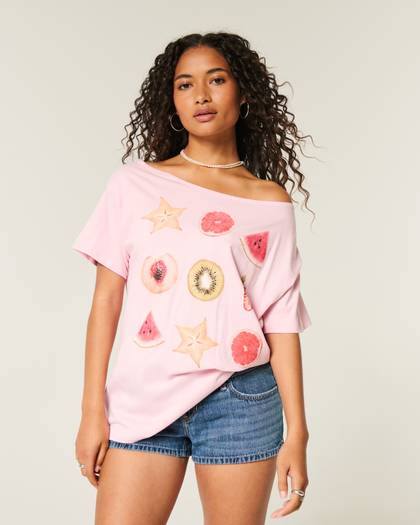 Oversized Off-the-Shoulder Fruit Graphic Tee