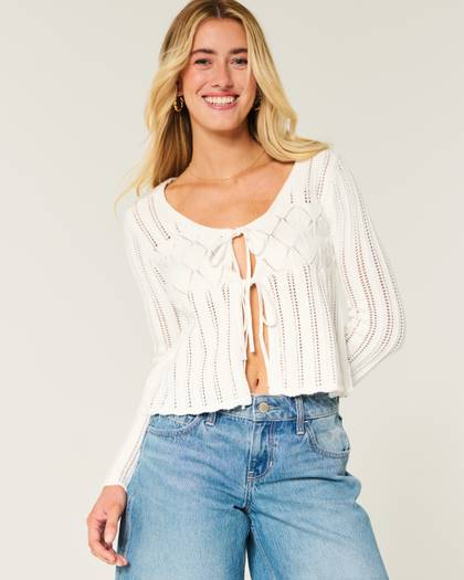 Crochet-Style Tie-Front Textured Sweater