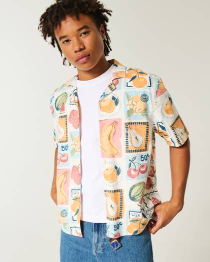 Boxy Linen-Blend Stamp Pattern Shirt