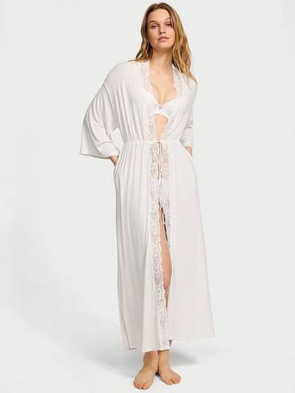 SoSoft™ Modal Ribbed Lace-Trim Long Robe