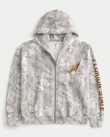 Boxy Zip-Up Florida State University Graphic Camo Hoodie