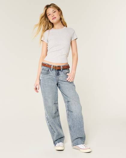 Low-Rise Light Wash Paint Splatter Barrel Jeans