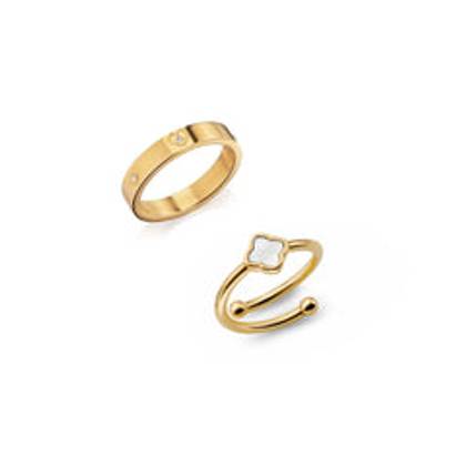 Crystal Heart & Pearl Clover Ring Set (Gold)