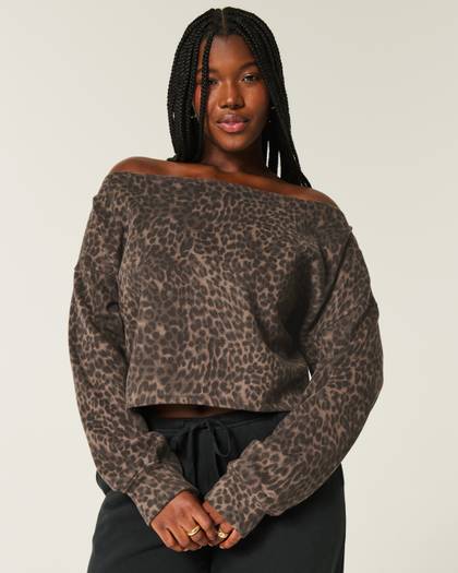Easy Double Off-the-Shoulder Leopard Print Sweatshirt