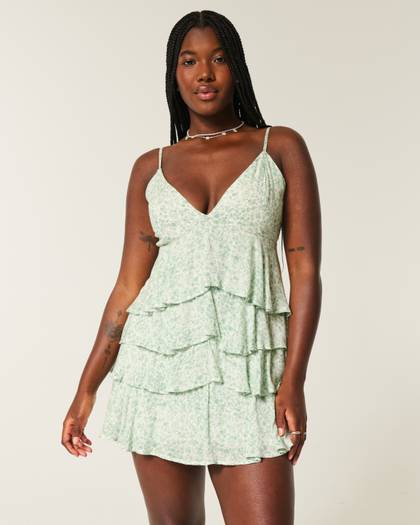 V-Neck Ruffled Tier Babydoll Mini Dress