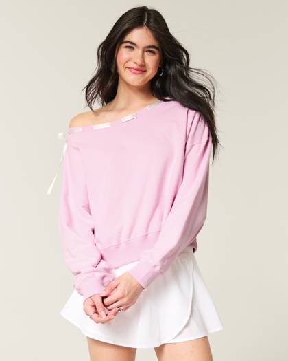 Off-the-Shoulder Tie Sweatshirt