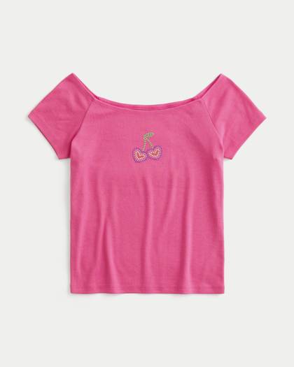 Off-the-Shoulder Heart Graphic Tee