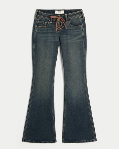 Low-Rise Dark Wash Lace-Up Flare Jeans