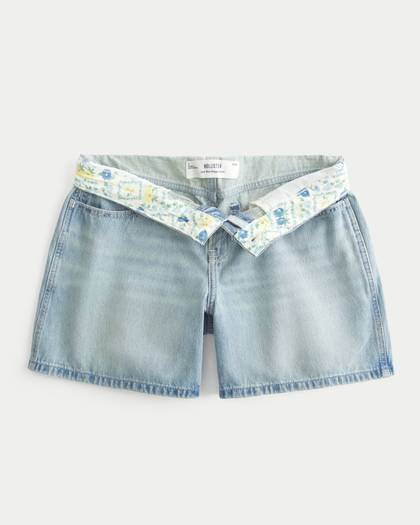 Low-Rise Light Wash Foldover Waist Baggy Denim Shorts 5"