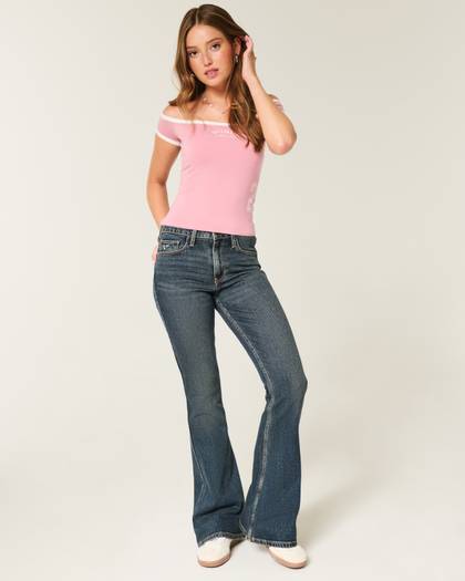 High-Rise Dark Wash Embroidered Florals Flare Jeans