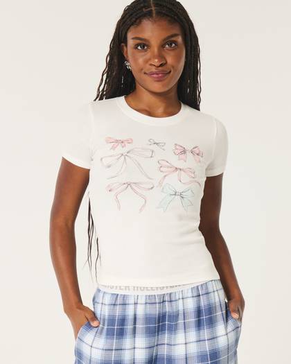 Ribbed Longer-Length Bow Graphic Baby Tee