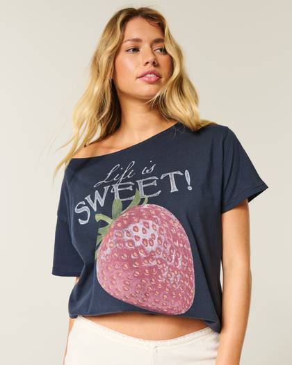 Oversized Off-the-Shoulder Strawberry Graphic Tee