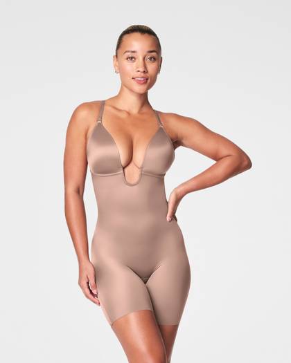 SPANXshape® Suit Your Fancy Plunge Low-Back Mid-Thigh Bodysuit | Cafe Au Lait - Cafe Au Lait
