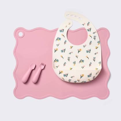 Silicone Bib and Utensil Feeding Set - 4pc - Pink - Cloud Island™: Floral & Solid Pattern, BPA-Free, Botanical Design