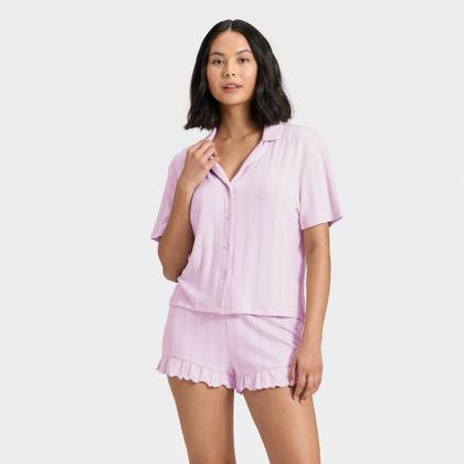 Women's Pointelle Notch Collar Shirt and Shorts Pajama Set - Wild Fable™ Purple XS