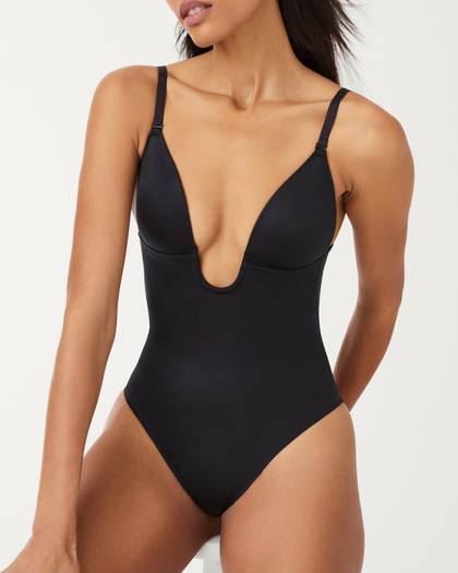 SPANXshape® Suit Your Fancy Plunge Low-Back Thong Bodysuit | Very Black - Black