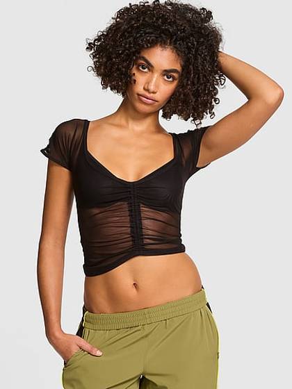 Mesh Ruched Cap-Sleeve Cropped Top