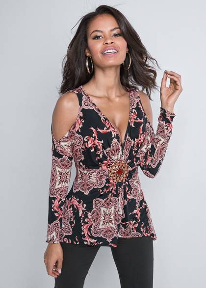 Paisley Cold Shoulder Top - Black Multi