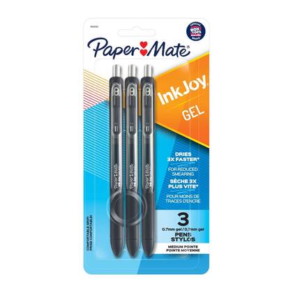 Paper Mate Ink Joy 3pk Gel Pens 0.7mm Medium Tip Black: Retractable Quick Drying Stationery with Pocket Clip