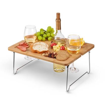 Tirrinia 15.7" x 11.8" Eco - friendly Natural Bamboo Wine Picnic Table, Folding Portable Outdoor Wine Glasses & Bottle, Snack and Cheese Holder Tray