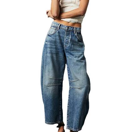 Womens Baggy Jeans for All Season Wide Leg Barrel Jeans Vintage Mid Rise Horseshoe Jeans Casual Loose Fit Jeans Summer Pants,Dark Blue - M