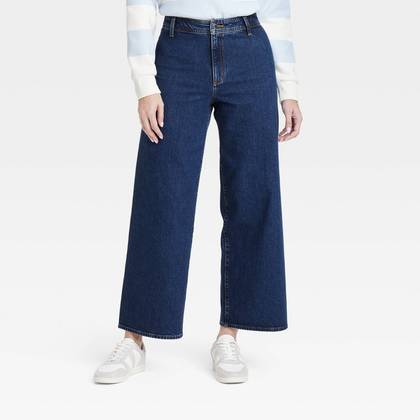 Women's High-Rise Sailor Wide Leg Ankle Jeans - Universal Thread™ Dark Wash 14: Cotton Blend, Relaxed Fit, Denim, 29" Inseam