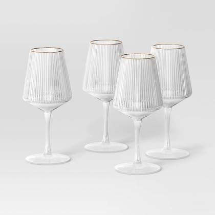 16.9oz 4pk Ribbed Stemmed Wine Glasses Gold - Threshold™: Modern Glass Drinkware Set, Hand Wash, Cold Beverages