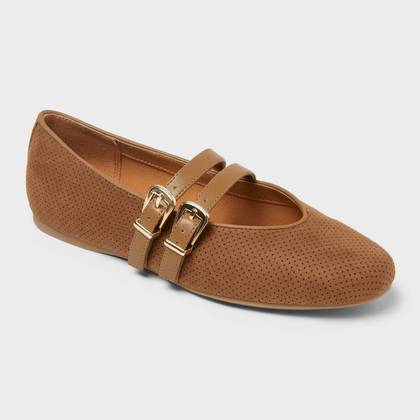 Women’s Henrietta Double Strap Mary Jane Flats with Memory Foam Insole – Universal Thread™ Taupe 5