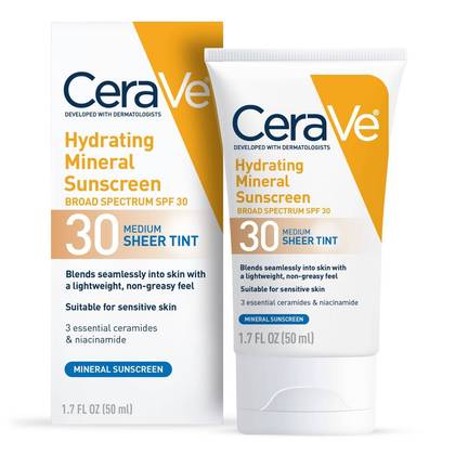 CeraVe Hydrating Mineral Tinted Face Sunscreen Lotion - SPF 30 - Medium - 1.7 fl oz: Oil-Free, Paraben-Free, Contains Hyaluronic Acid, Noncomedogenic
