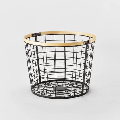 Round Black Wire with Natural Wood Handles Floor Basket - Brightroom™