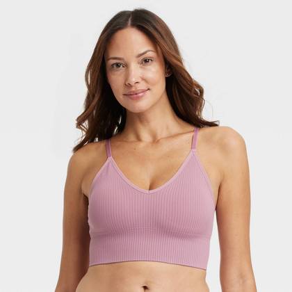 Women's Ribbed Seamless Longline Bralette - Auden™ Mauve S: V Back, Removable Cup, Knit Fabric