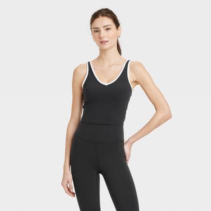 Women's Everyday Soft Light Support Contrast V Neck Cropped Sports Bra - All In Motion™ Black L: Moisture Wicking, Removable Padding