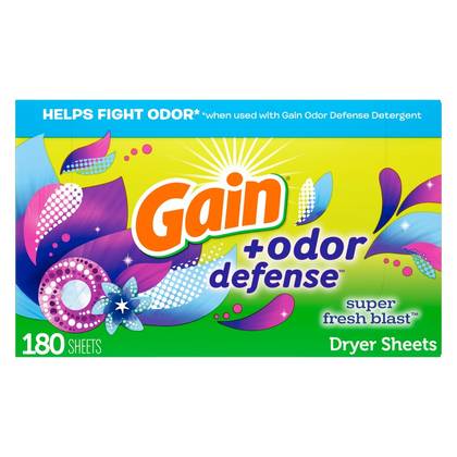 Gain + Odor Defense Dryer Sheets, Super Fresh Blast Scent Fabric Softener Sheets, 180 ct