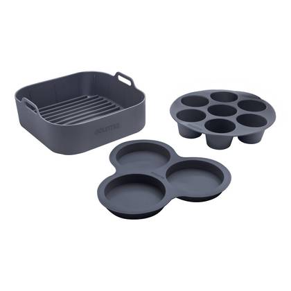Gourmia Reusable 3pc Silicone Air Fryer Accessory Set with Basket Liner, Egg Bites Mold & Muffin Pan: Dishwasher-Safe, Hand Wash, Black, 1.49 lbs