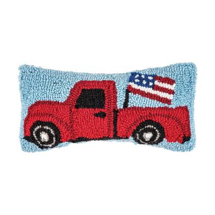 C&F Home Patriotic Retro Red Pickup Truck w/ Waving American Flag Hooked Mini Accent Pillow, 6" x 12"