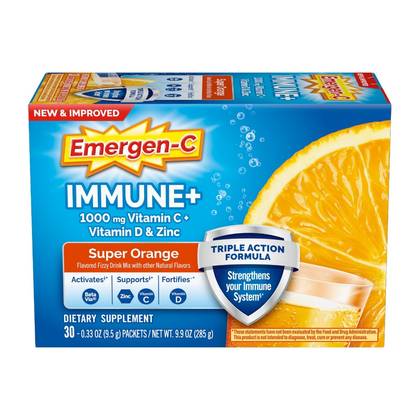 Emergen-C Immunity + Powder Drink Mix with Vitamin C - Super Orange - 9.9oz: Dietary Supplement, Naturally Flavored, Gluten-Free, Package Quantity 30