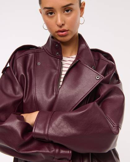 Relaxed Mockneck Vegan Leather Bomber Jacket
