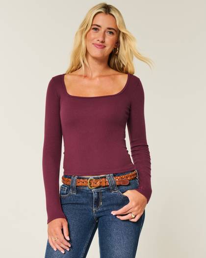 Long-Sleeve Square-Neck Top