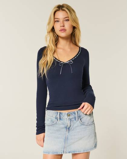 Long-Sleeve Lace Trim Top