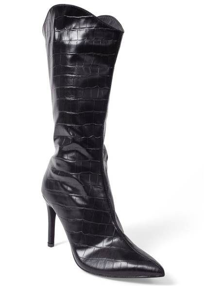 Croc Embossed Faux Leather Boots - Black