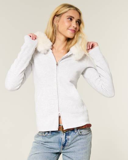 Faux Fur Trim Zip-Up Hoodie
