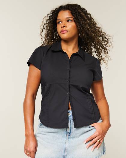 Short-Sleeve Stretch Poplin Button-Through Shirt