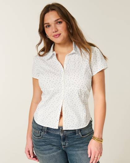 Short-Sleeve Stretch Poplin Button Front Shirt